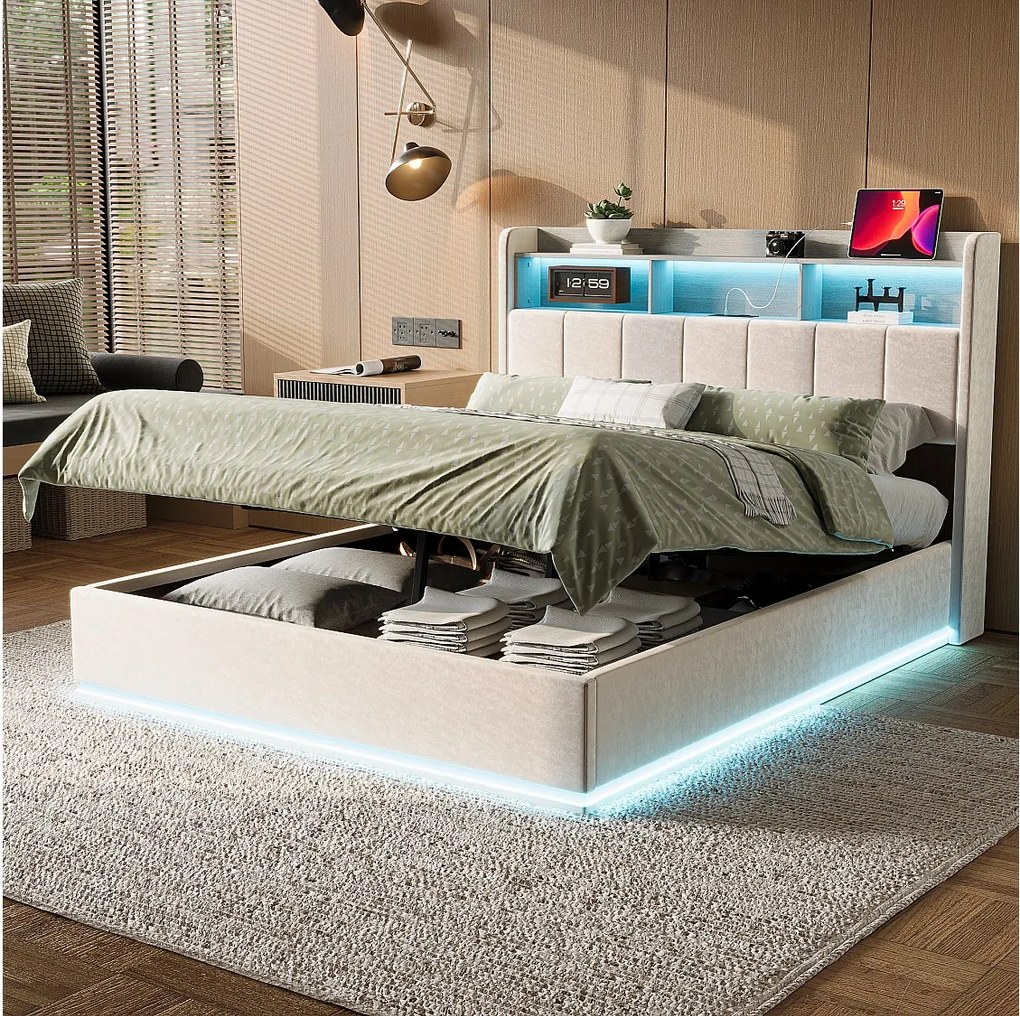 Łóżko podwójne 140x200 cm białe z hydraulicznym schowkiem, wbudowanym oświetleniem LED i stacją ładowania USB, nowoczesny design