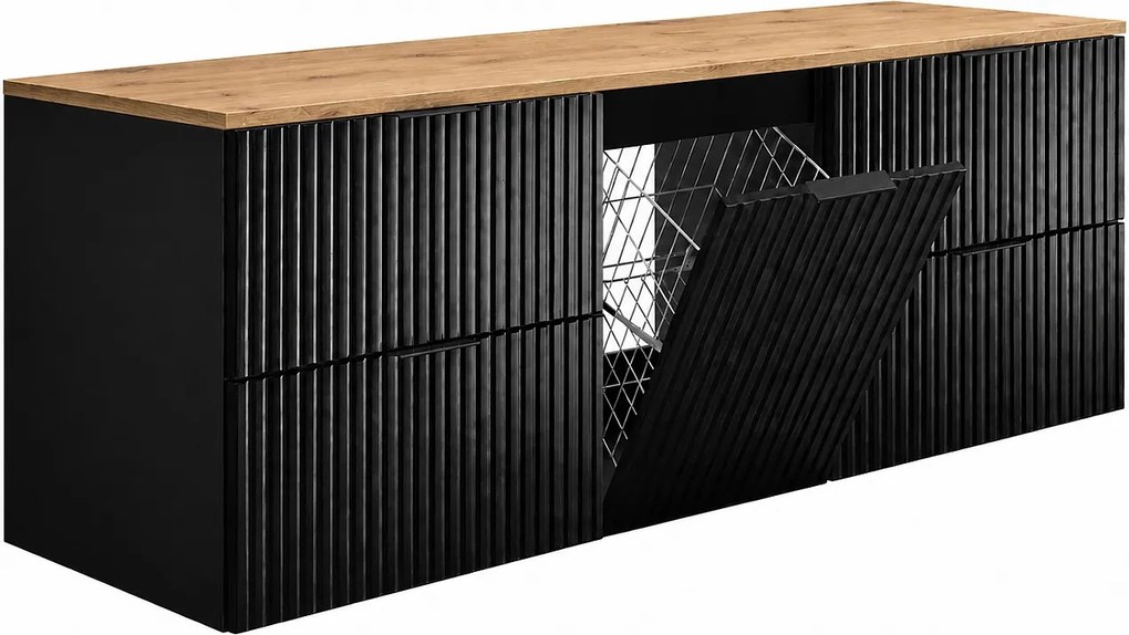 Szafka łazienkowa wisząca pod umywalkę z koszem na pranie, czarny / blat dąb craft, uchwyty czarne, 160 x 46 x 57 cm