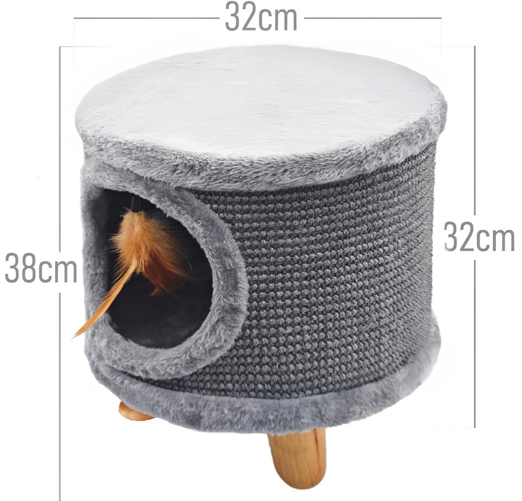 Solidny drapak dla kota, mały 38cm, szary z piórkiem i legowiskiem Cabin II