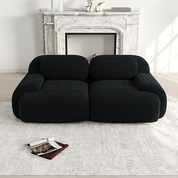 Sofa 2-osobowa Modułowa z Weluru Prążkowanego - z 2 Poduszkami - 208x103x75cm - Czarny