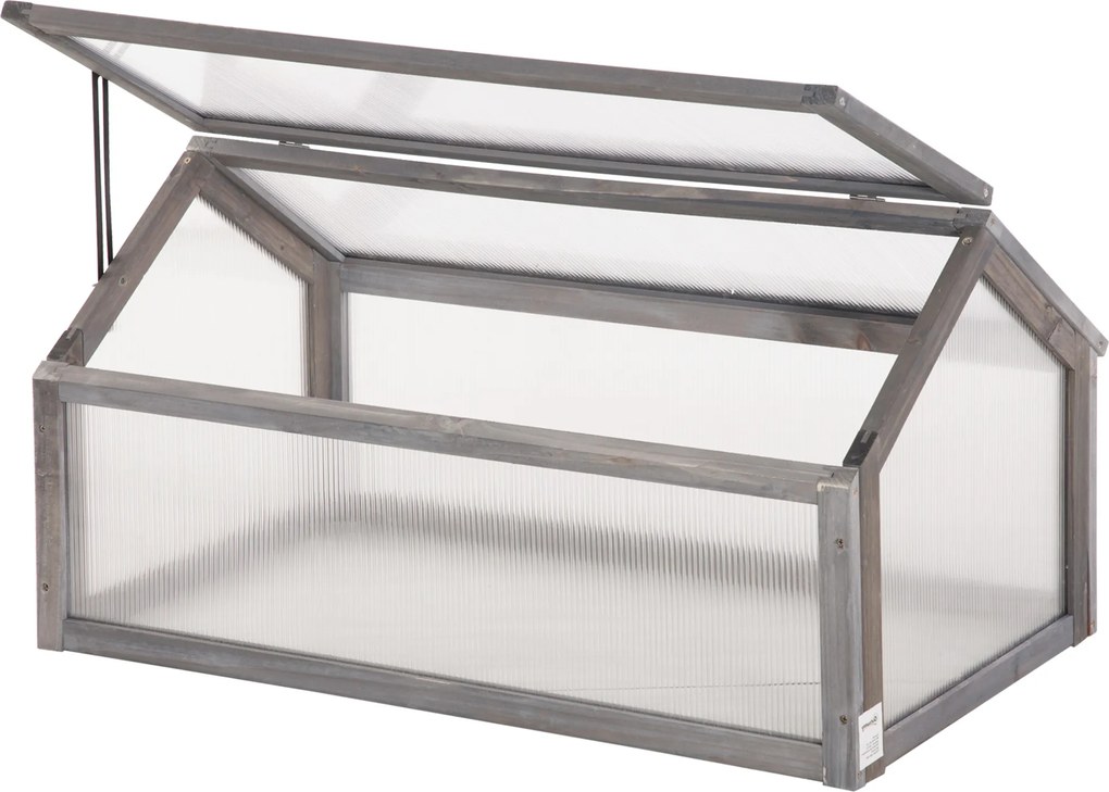 Outsunny Mini Szklarnia, Kompaktowy Domek dla Roślin z Drewna, Płyty Polikarbonatowe, Otwierany Dach, 90Dł x 52Szer x 49,5Wys cm, Szary