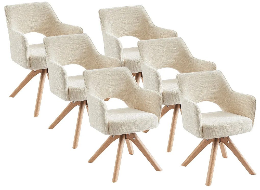 Zestaw 6 krzeseł obrotowych z podłokietnikami z tkaniny i drewna dębowego - Kremowy - KONYA