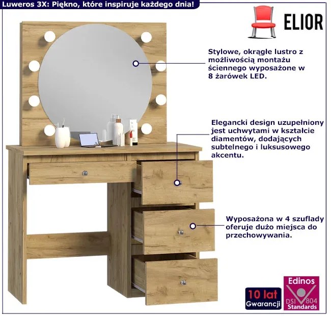 Toaletka w stylu glamour z oświetleniem LED - Kaviro 3X