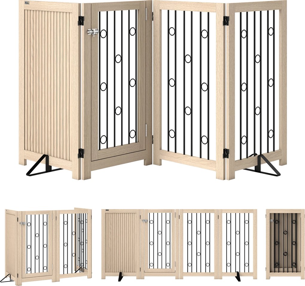 PawHut Wolnostojąca bramka dla zwierząt, bramka dla psa z drzwiami, 4 panele, do korytarza, schodów, ościeżnicy, MDF, stal | Aosom PL