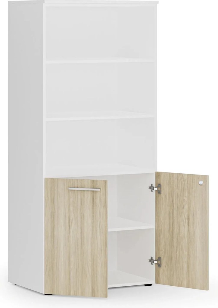 Szafa biurowa z drzwiami niskimi PRIMO WHITE, 800 x 500 x 1781 mm, biały/dąb naturalny