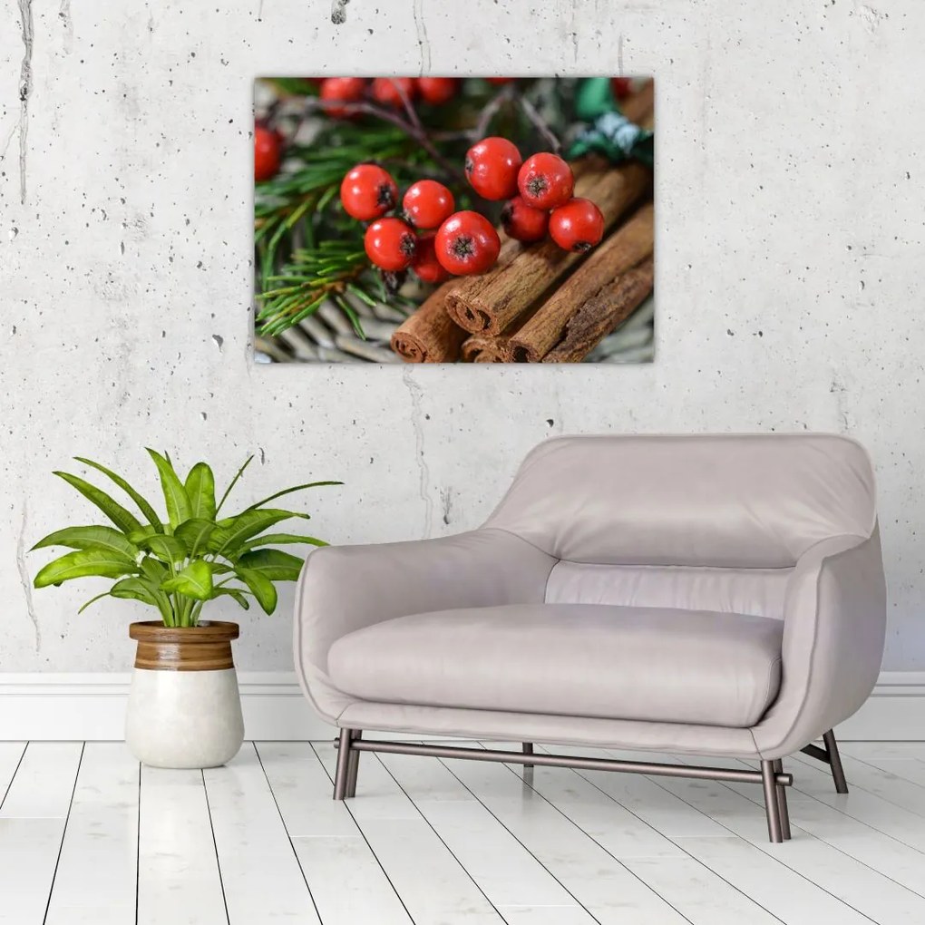 Obraz na szkle - jagody i cynamon (70x50 cm)