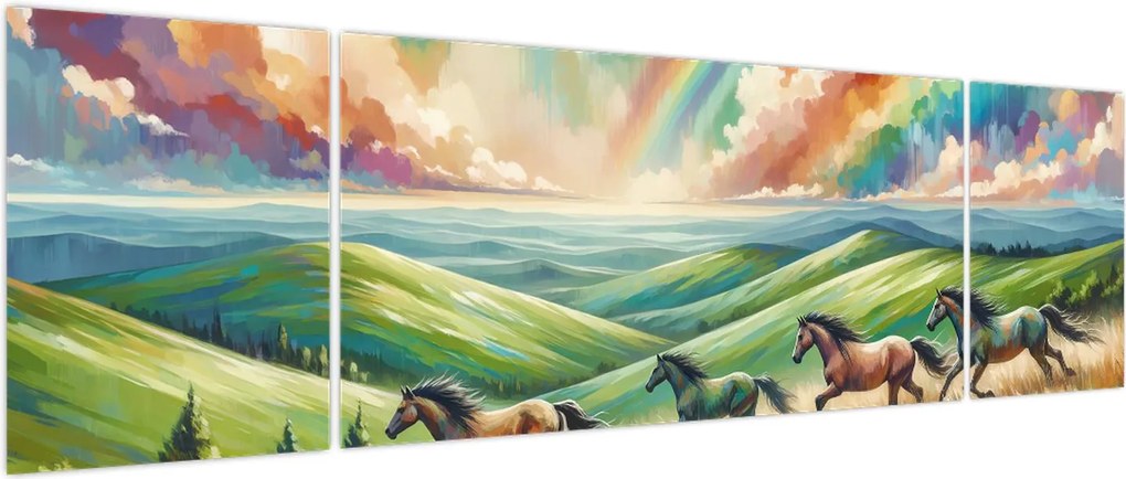 Obraz – Konie galopujące przez krajobraz (170x50 cm)