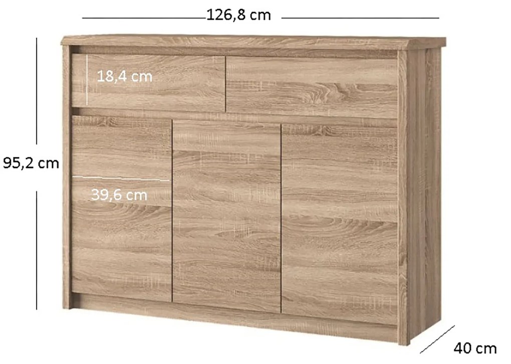 Komoda Trzydrzwiowa z Szufladami Drewniana do Salonu MAURA 127 cm Dąb sonoma Loft