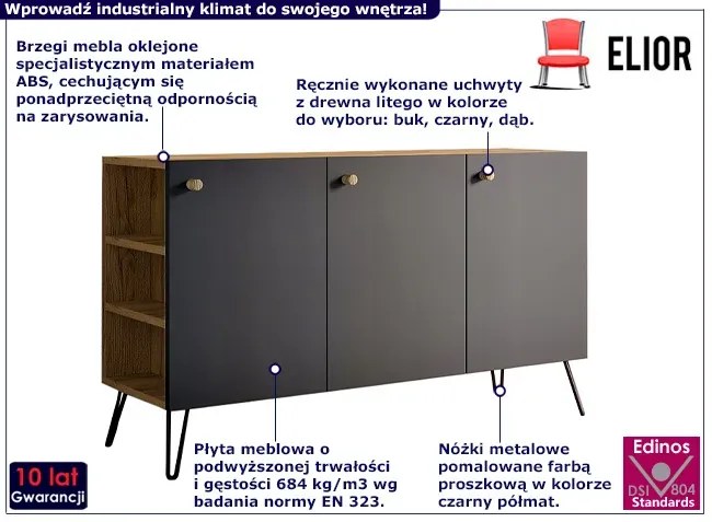 Komoda z nóżkami typu hairpin legs lewostronna dąb craft + czarny - Zorina 7X