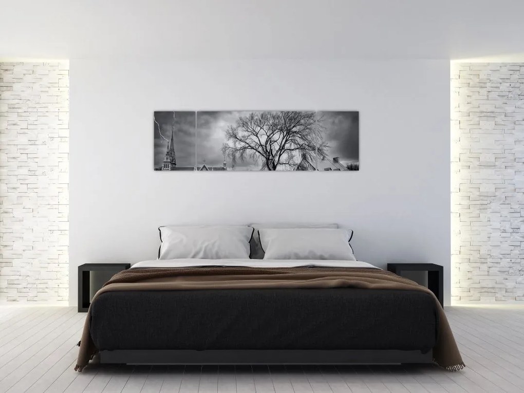 Obraz czarno - białej wioski (170x50 cm)