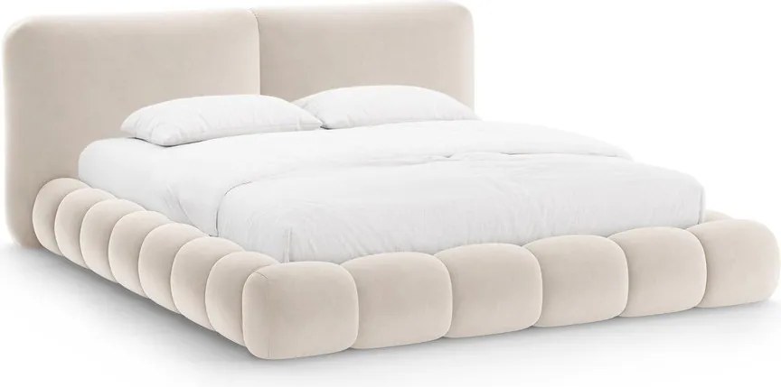 Tapicerowane łóżko dwuosobowe ze schowkiem ze stelażem 160x200 cm w kolorze kości słoniowej Solange – Micadoni