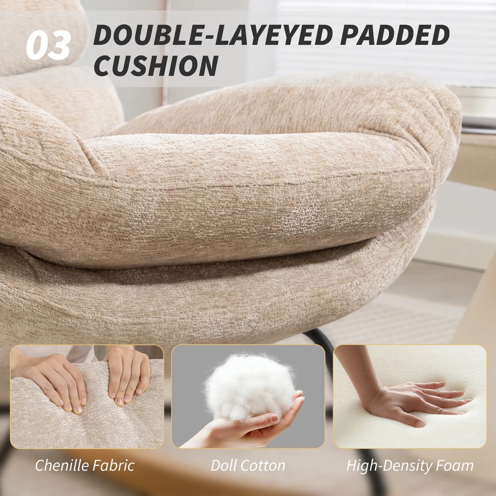 HOMCOM Tapicerowany fotel bujany z nogami stalowymi i drewnianymi płozami, kremowy