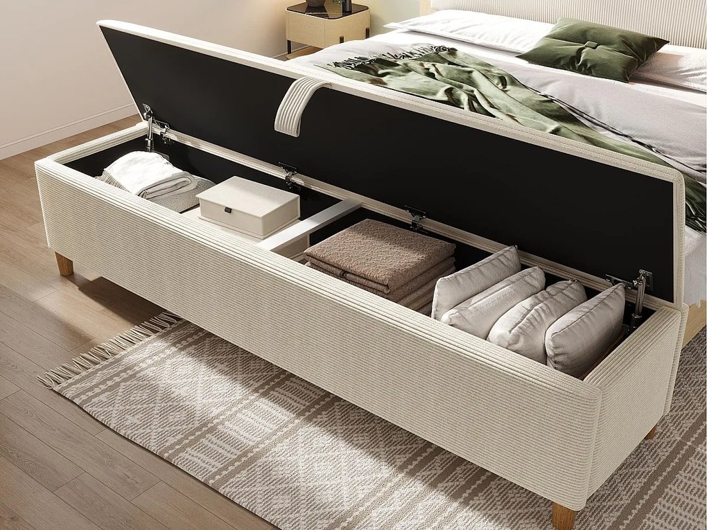 Tapicerowana ławka ze schowkiem 145x38x46cm - Spodnie sztruksowe - Beż