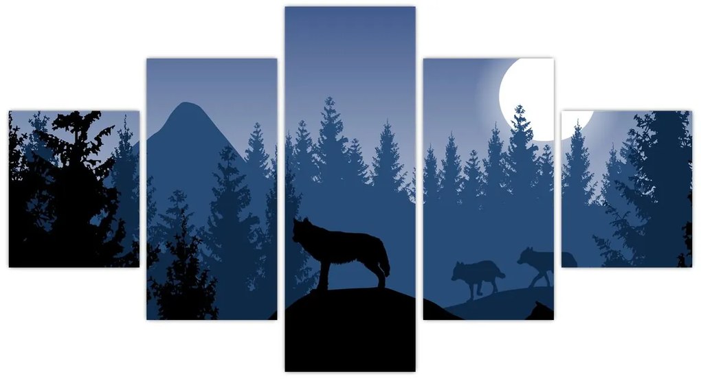 Obraz - Wataha wilków pod księżycem w pełni (125x70 cm)