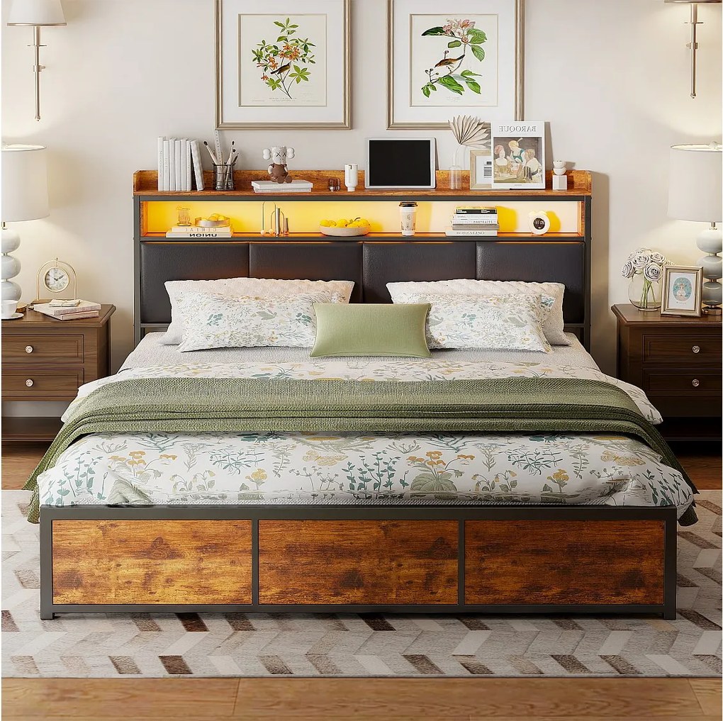 Rama łóżka podwójnego 160x200 cm czarna z podświetlanym zagłówkiem LED, 4 szuflady do przechowywania i wbudowana półka, styl vintage tapicerowany