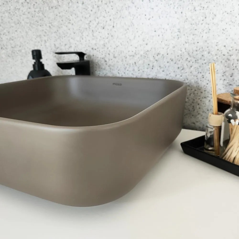 Umywalka ceramiczna nablatowa kwadratowa brązowa bez otworu na baterię 39 x 39 cm ALIZMA z rantem typu Slim