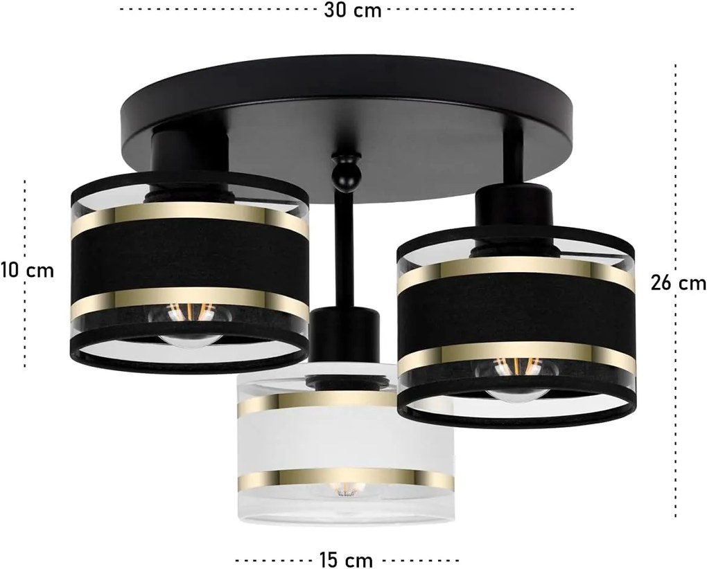 Lampa sufitowa czarna trzypunktowa z czarno-białymi abażurami T-3030SC