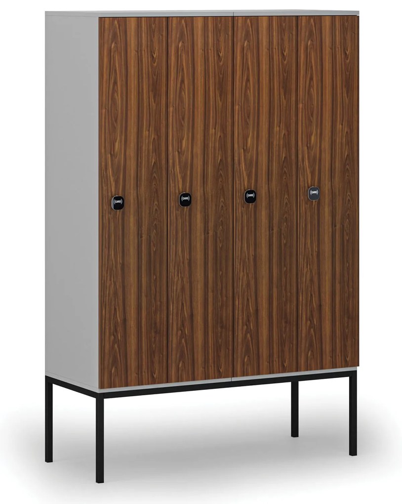 Drewniana szafa ubraniowa z podstawą, 4-drzwiowa, 1871 x 1200 x 500 mm, demontaż, zamek RFID, szary/orzech