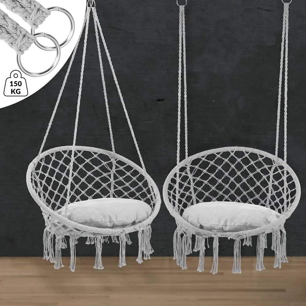 Detex Wiszące krzesło BOHO z poduszkami, Ø61cm, jasnoszara