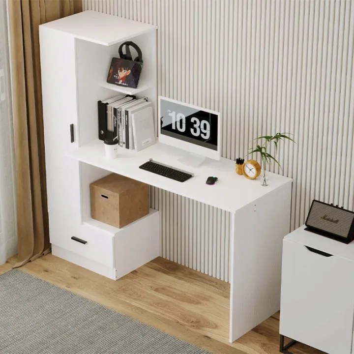 Biurko Komputerowe z Regałem 142 cm – Białe Loft do Biura i Pokoju