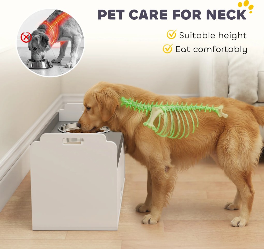 PawHut Podwyższana miska z szafką do przechowywania, 2 miski z pierścieniami antypoślizgowymi, 60 x 30 x 35,5 cm, Biały | Aosom PL