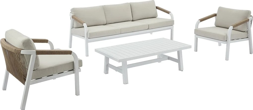 Zestaw mebli ogrodowych z aluminium i sznurka: sofa 3-osobowa, 2 fotele i stolik kawowy - Biały z beżowymi poduszkami - LUREYA od MYLIA