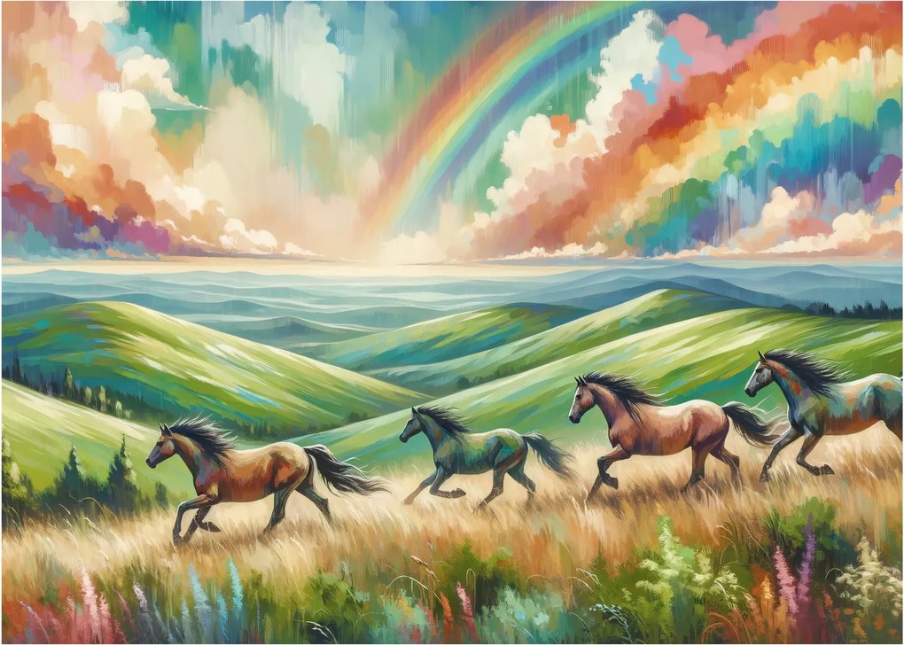 Obraz – Konie galopujące przez krajobraz (70x50 cm)