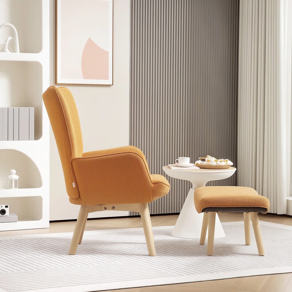 HOMCOM Akcentowy Fotel z Otomaną, Relaxsessel w Wyglądzie Sztruksu, Fotel z Podłokietnikami na Drewnianych Nogach, do Salonu, Brązowy