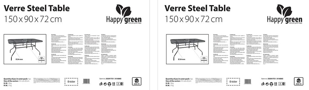 Happy Green Stół ogrodowy ze szklanym blatem Verre, 150 x 90 x 72 cm