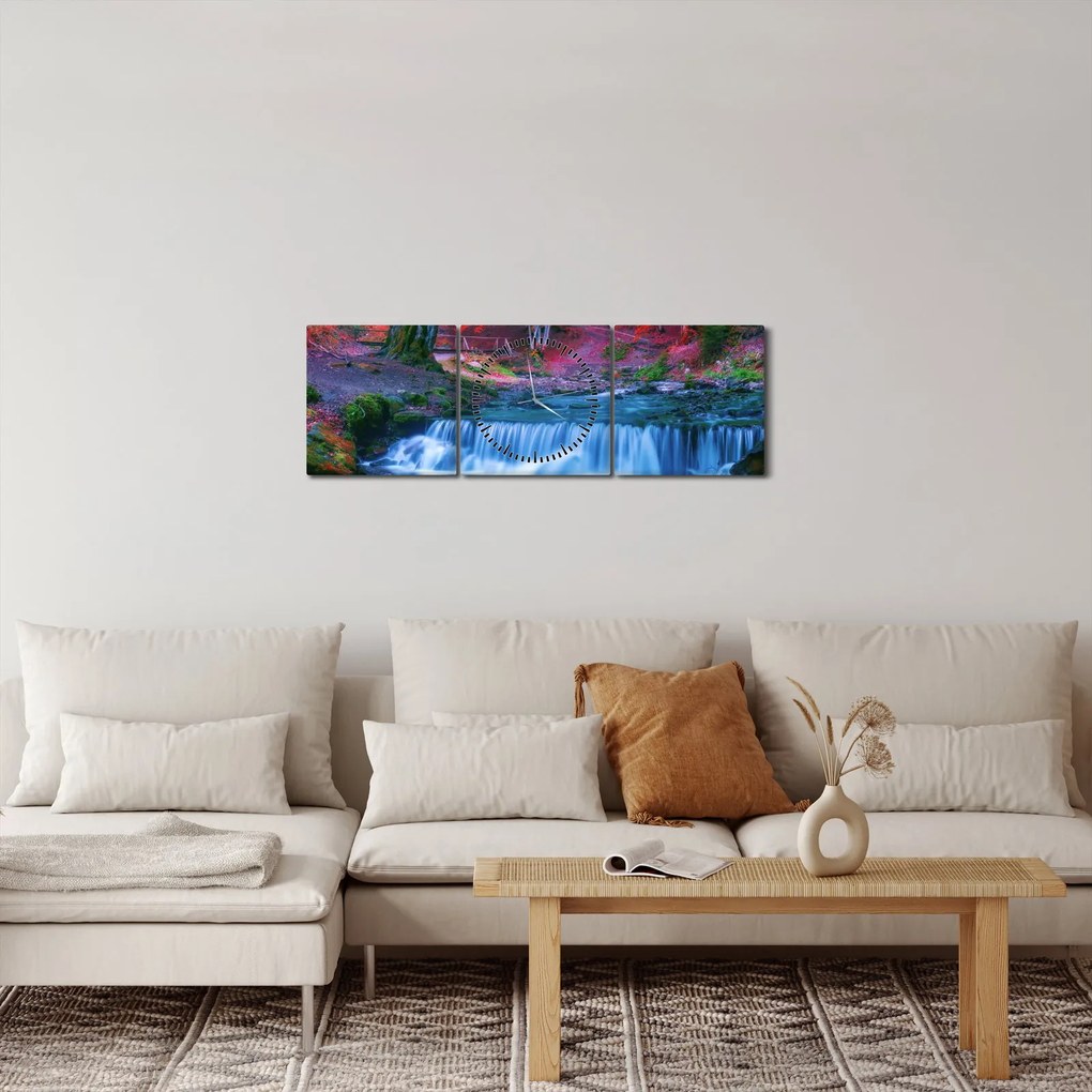 Obraz wodospadu w czerwonym lesie (z zegarem) (90x30 cm)