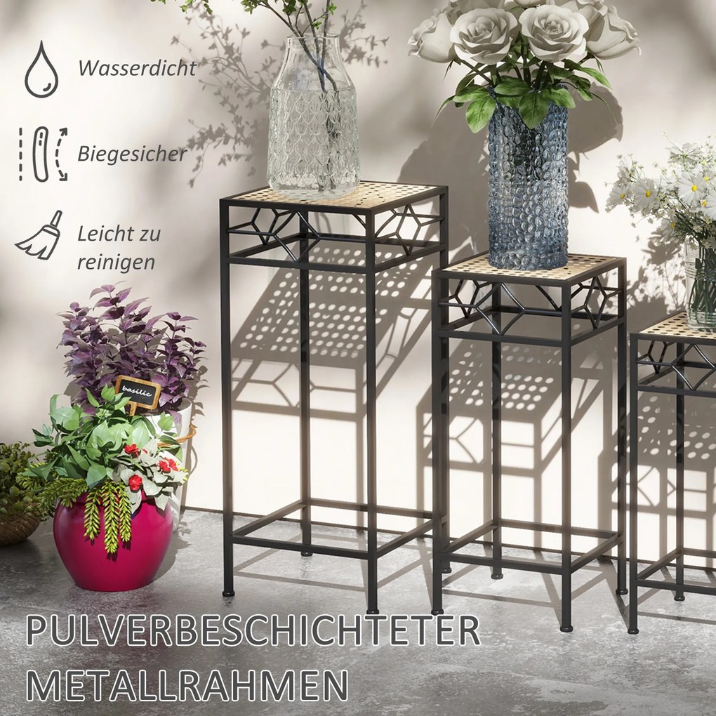 Outsunny Stojak na Rośliny, Zestaw 3 szt., okrągłe, składany, z efektem rattanu, metalowe nogi, do użytku wewnątrz i na zewnątrz, Czarno/Złoto