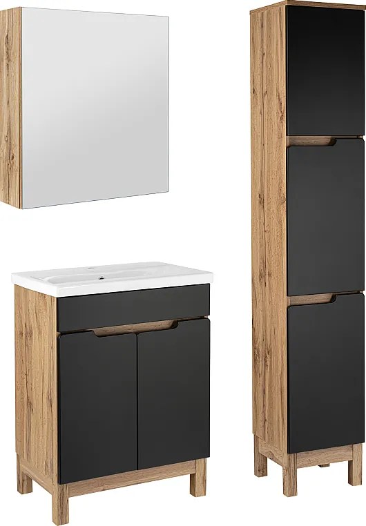 Zestaw Łazienkowy 60cm 2D Alma Słupek Szafka z Lustrem Dąb Wotan / Czarny Mat