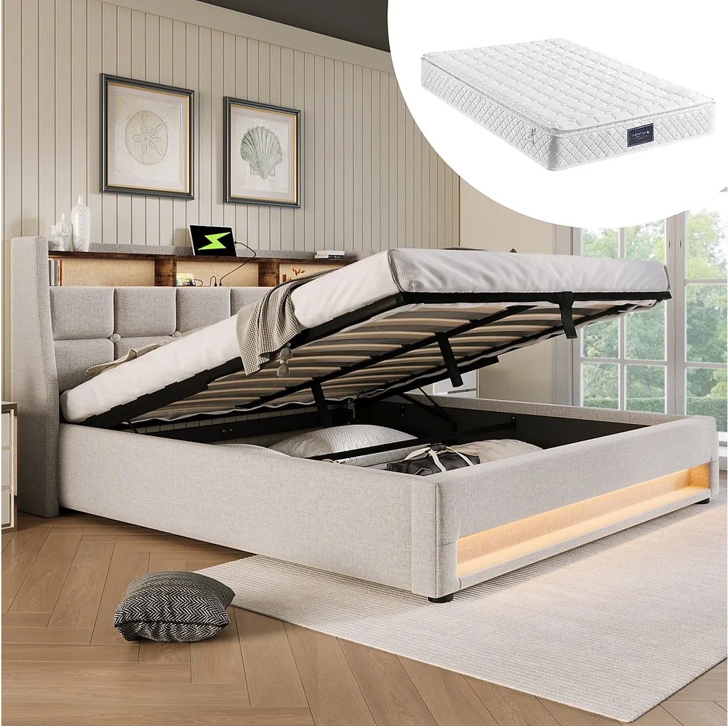 Łóżko tapicerowane z pojemnikiem dla młodzieży - 160 x 200 cm - Materac + LEDy + Zagłówek z USB - Tkanina lniana - Beż