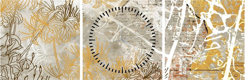 Obraz - Ściana w stylu vintage z kwiatami (z zegarem) (90x30 cm)