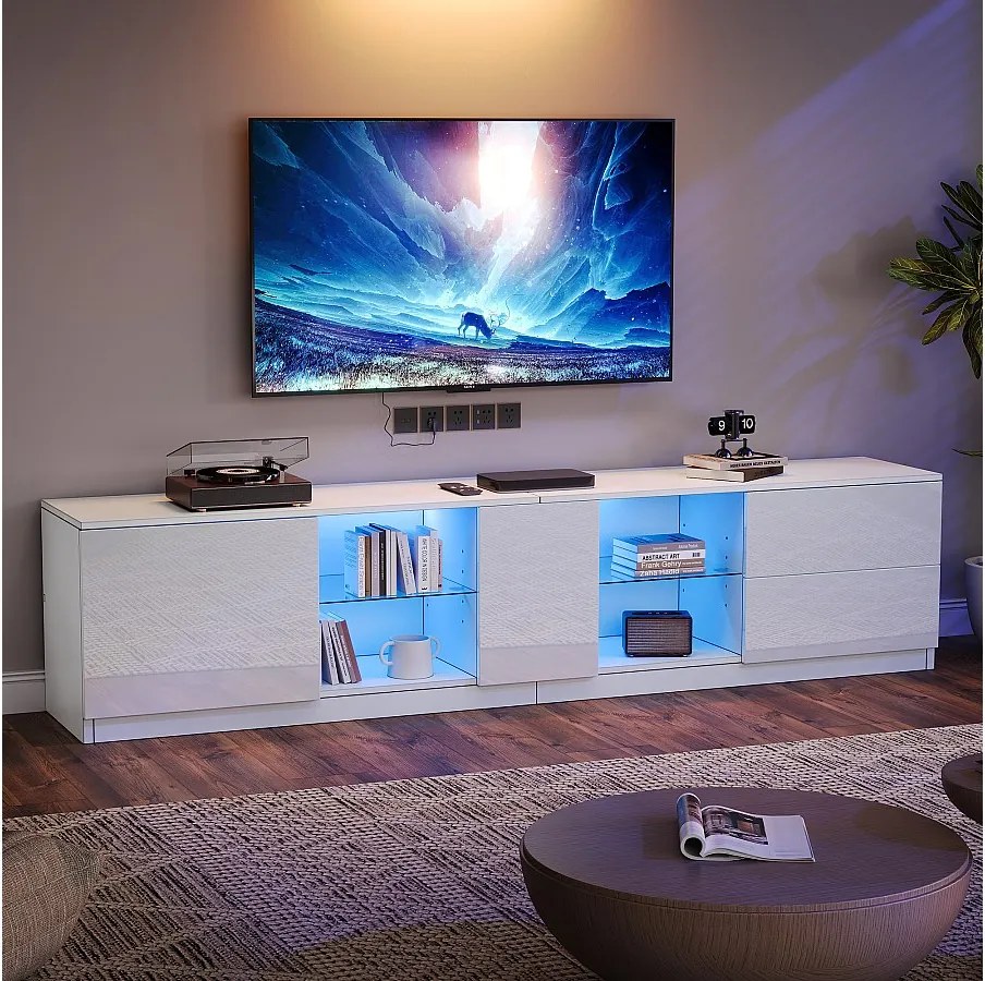 Szafka RTV - 160 x 40 x 52 cm - z diodami LED + 1 drzwi + 2 szuflady - MDF + szkło hartowane - biała