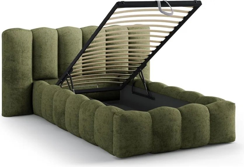 Zielone tapicerowane łóżko jednoosobowe ze schowkiem ze stelażem 90x200 cm Lupine – Micadoni