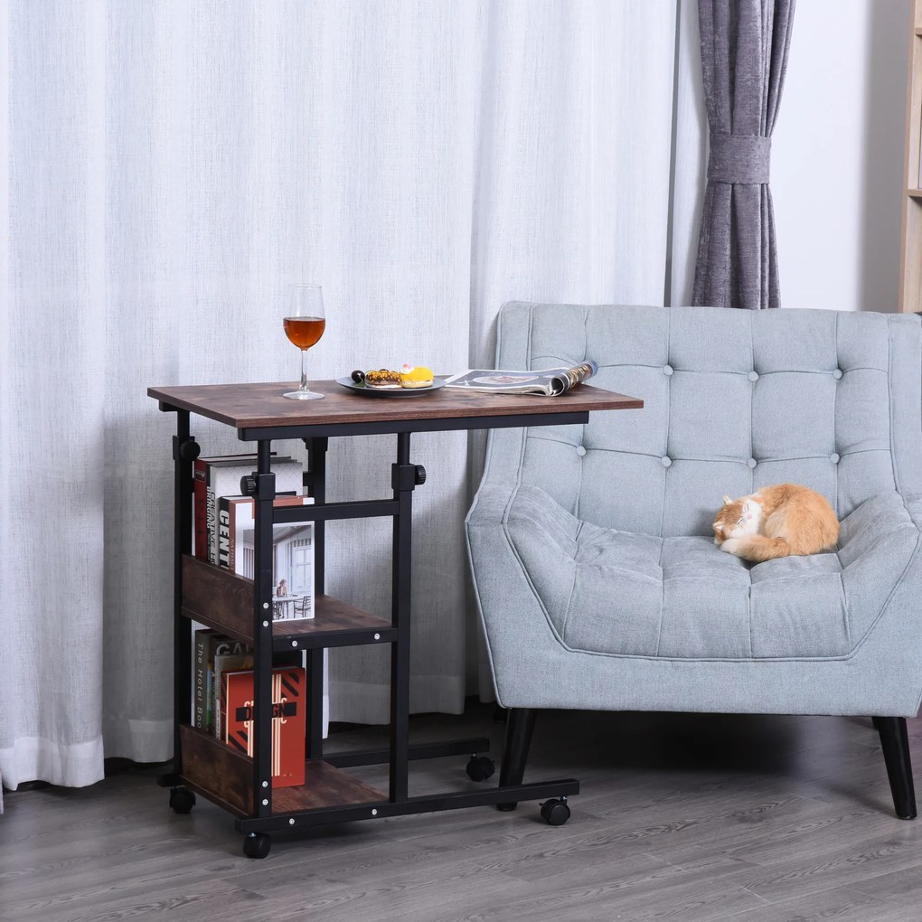 HOMCOM Stolik Kawowy na Kółkach z Regulacją Wysokości i Dodatkowymi Półkami Praktyczny Stolik Pomocniczy | Aosom PL