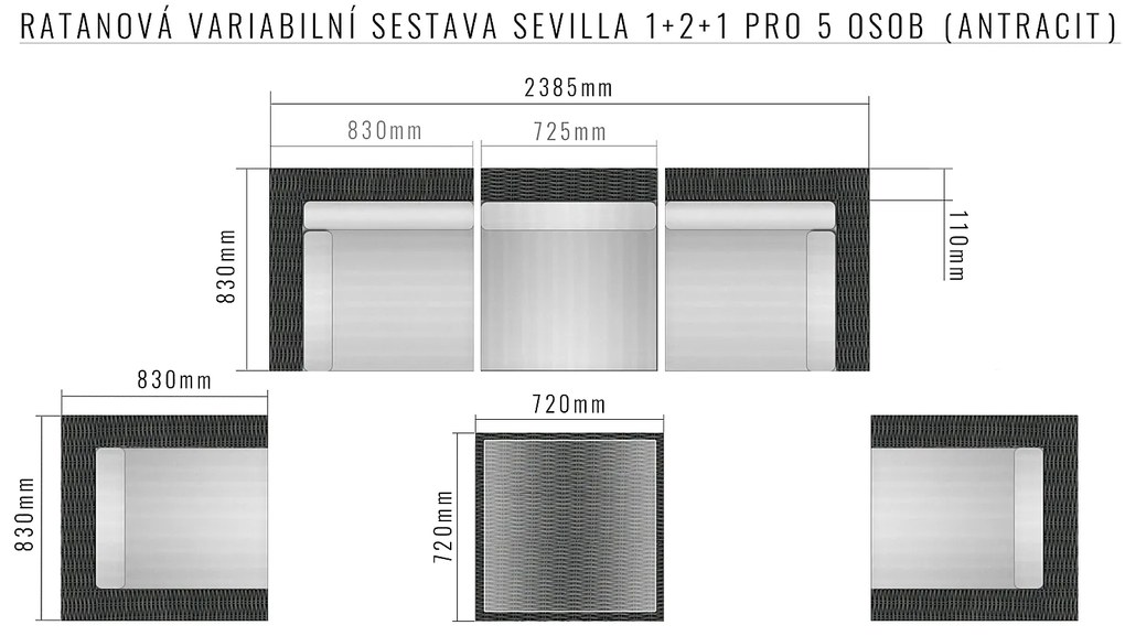 Rattanowy zestaw zmienny SEVILLA 1 + 2 + 1 dla 5 osób (antracyt)