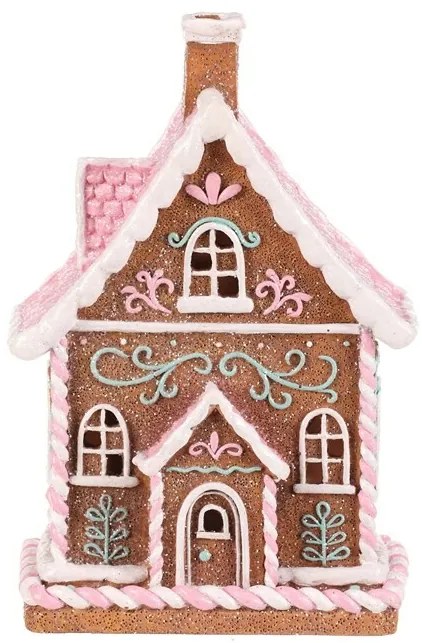 Dekoracja świąteczna Domek z piernika z różowym dachem, poliresin, LED, brązowy