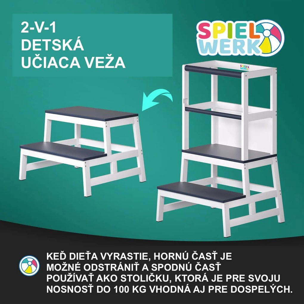 Spielwerk Wieża edukacyjna PLAY z drewna sosnowego, 93x56x49, biała/antracyt