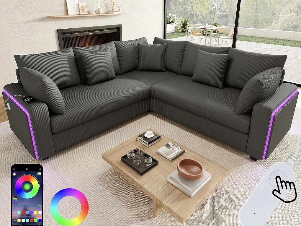 Kanapa narożna w kształcie litery L - 4 osoby - z oświetleniem LED - port ładowania USB - welur prążkowany - szary