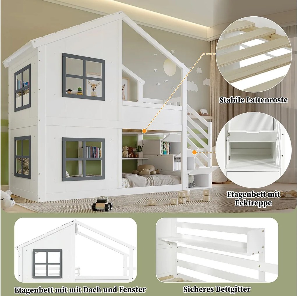 Łóżko piętrowe dla dzieci - 2 x 90 x 200 cm - z oknami + dachem + drabinką - sosna + płyta MDF - biały + szary
