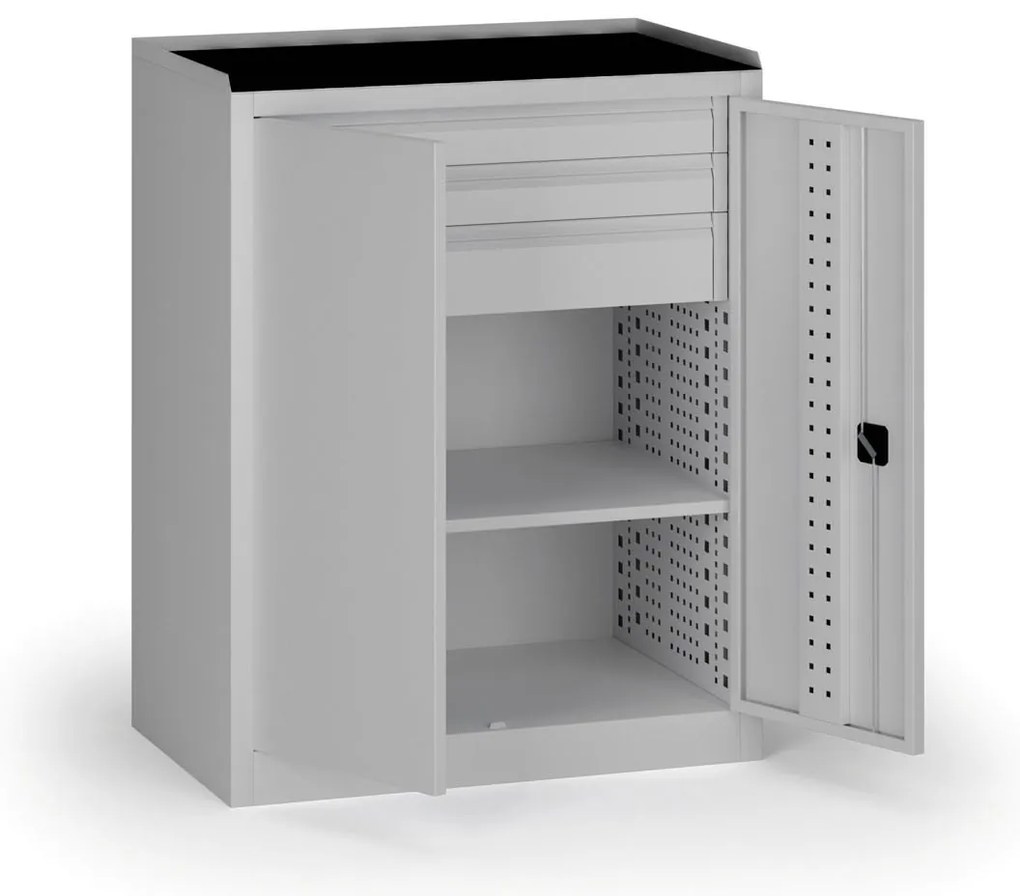 Szafa warsztatowa na narzędzia niska KOVOS, 1 półka, 3 szuflady, 950 x 600 x 1180 mm, szary