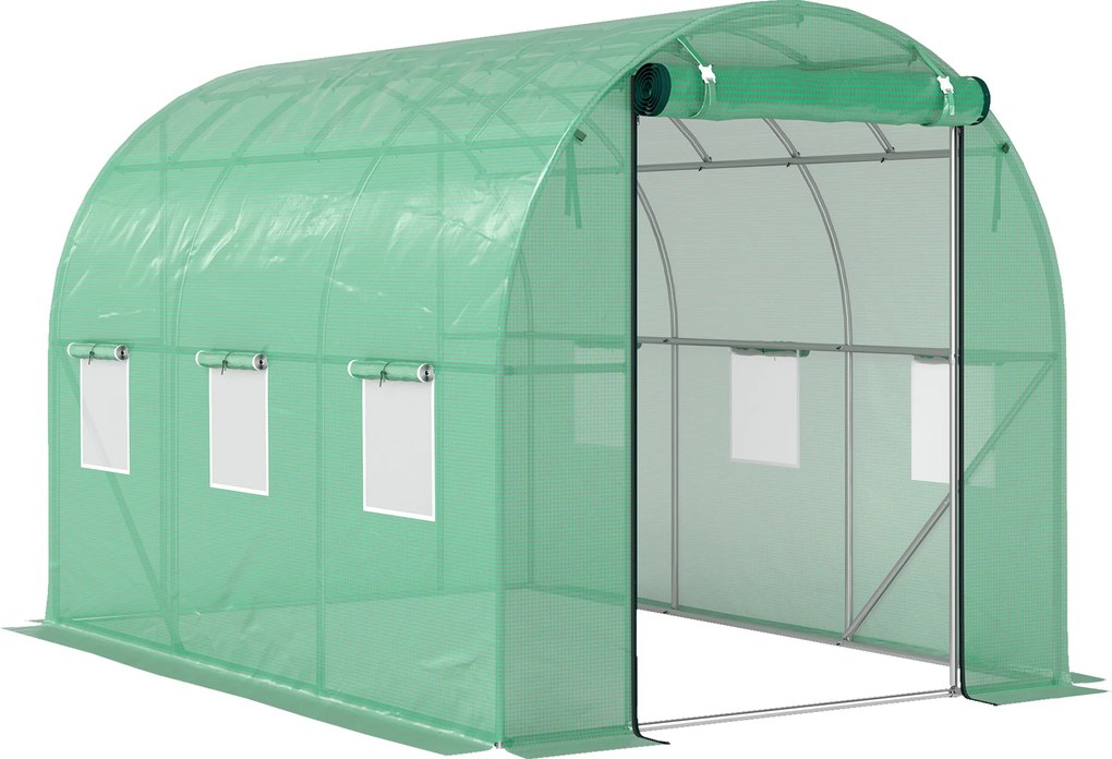Outsunny Tunel foliowy z pokryciem z tworzywa sztucznego i stalową ramą, chodnikowa szklarnia z drzwiami rolowanymi, Zielony
