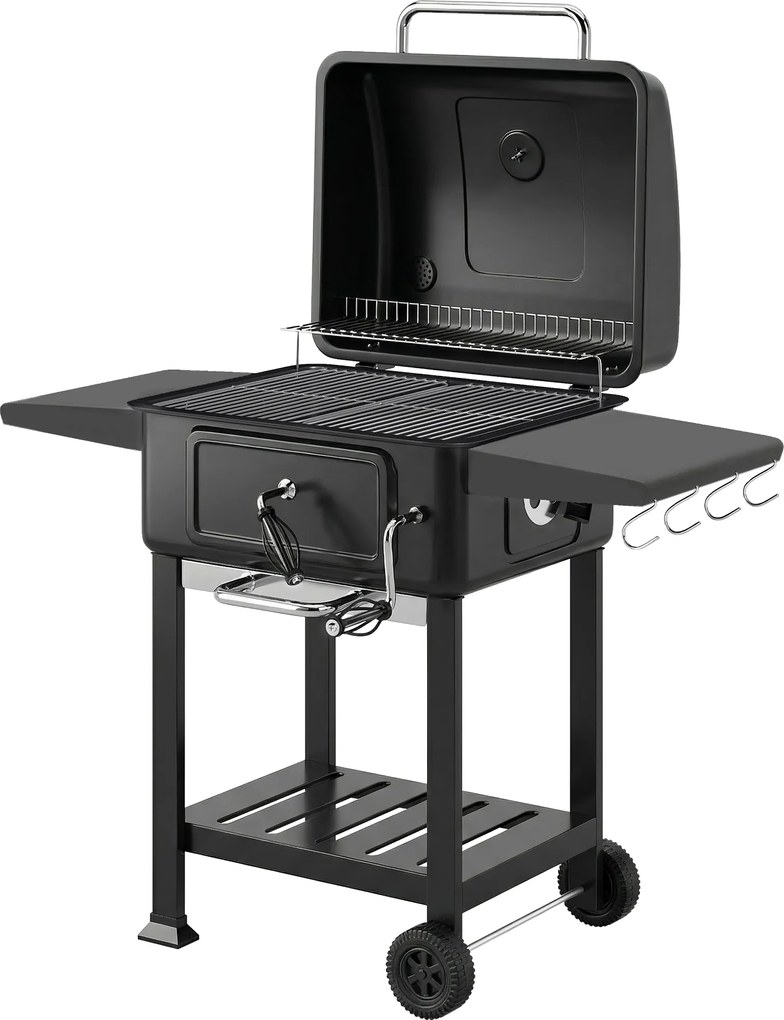 Outsunny Grill węglowy BBQ Smoker z pokrywą, termometrem, regulowaną wysokością węgla, kominem, rusztem, boczną półką i tacką na popiół | Aosom PL