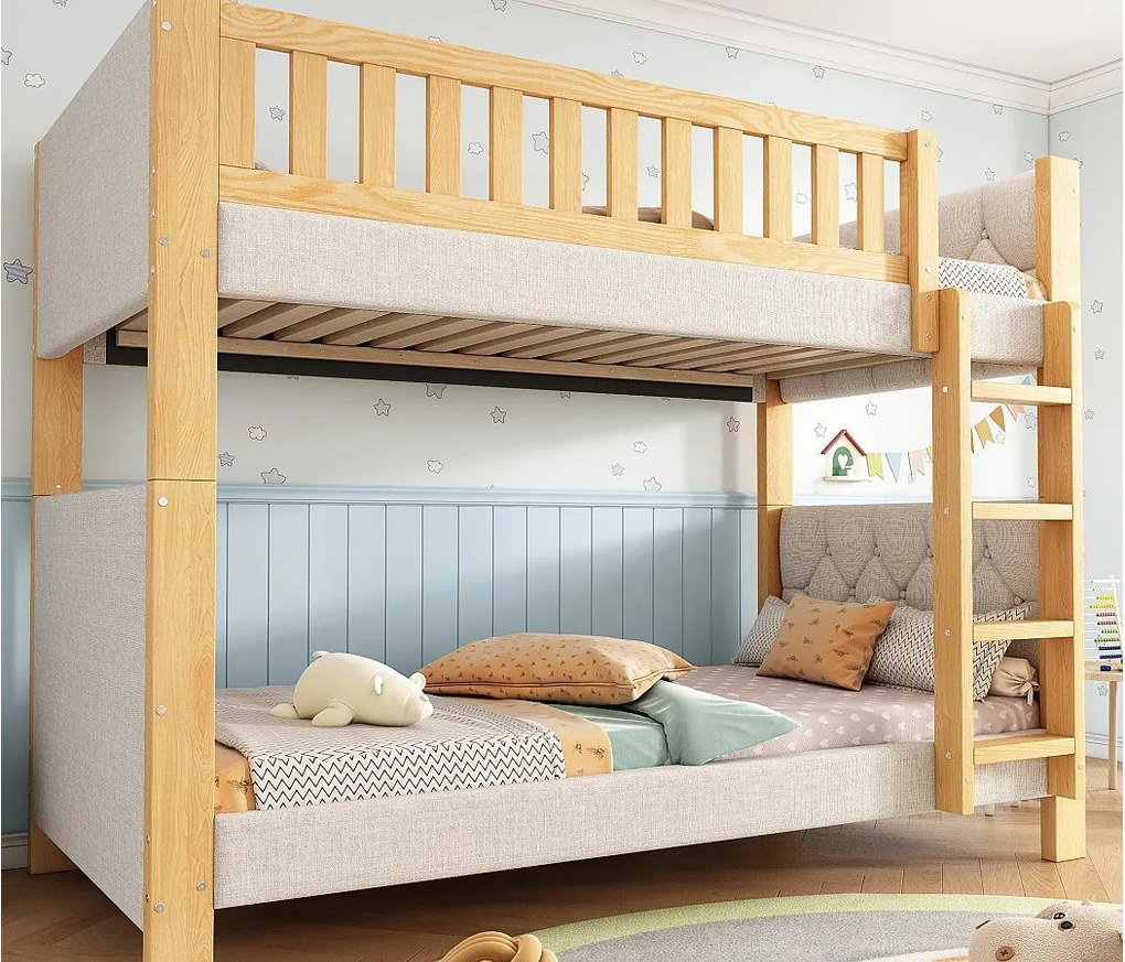 Łóżka piętrowe dla dzieci 90x200cm - tapicerowany zagłówek - z 4-stopniową drabiną - drewno hevea + MDF - Naturalny+Szary​ (bez materaca)