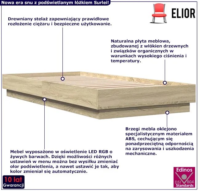 Pojedyncze łóżko z podświetleniem dąb sonoma 90x200 W2-T68