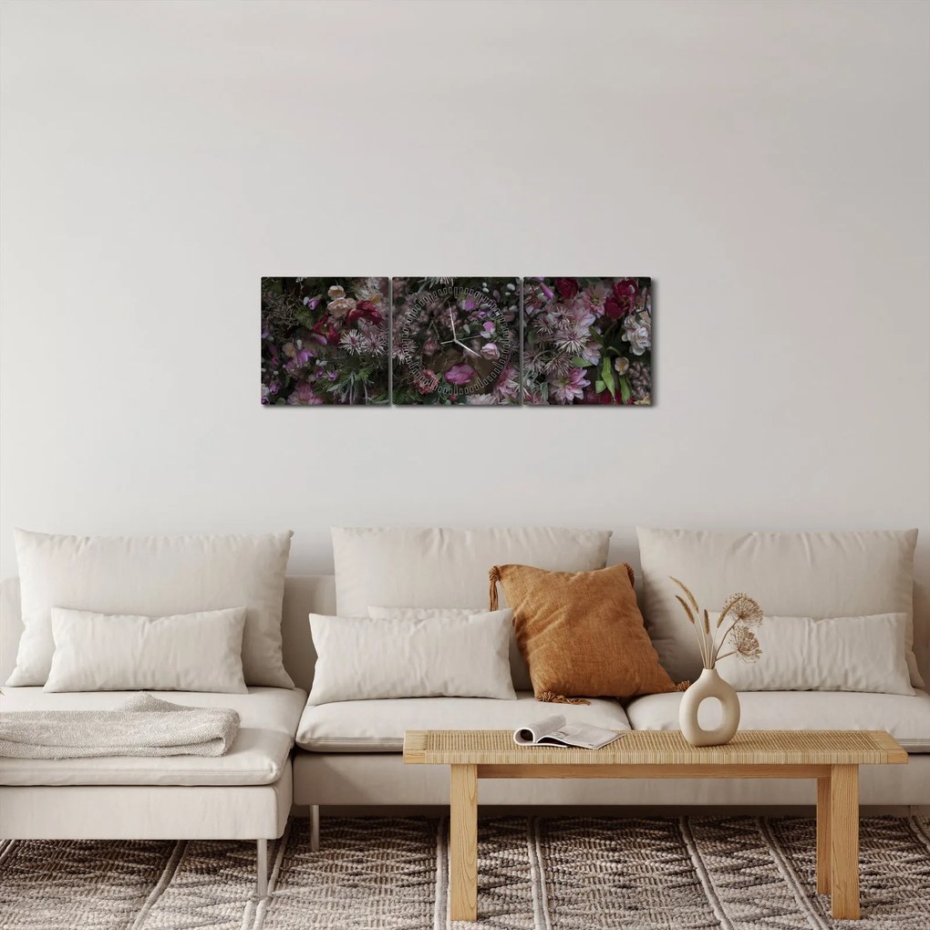 Obraz - Ściana kwiatowa (z zegarem) (90x30 cm)