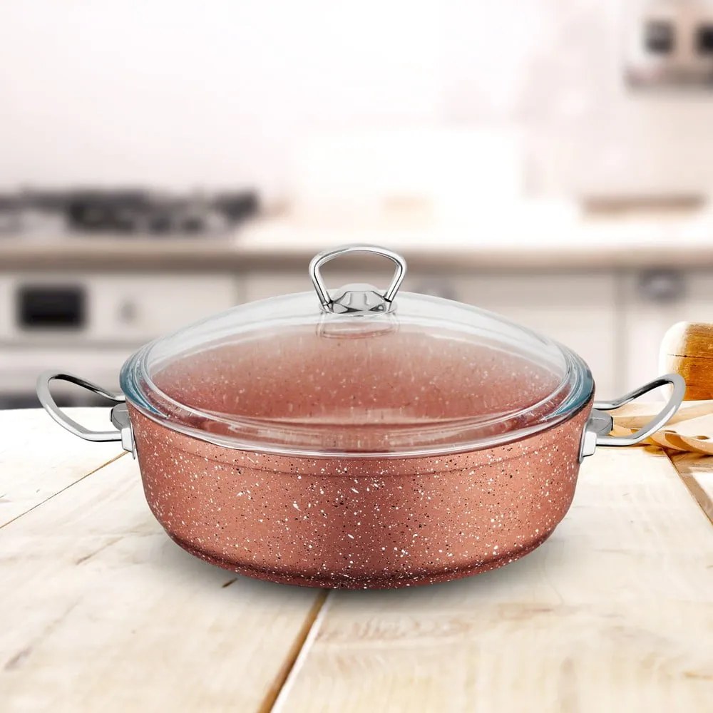 Różowy niski aluminiowy garnek z pokrywką Güral Porselen Classic, ø 30 cm