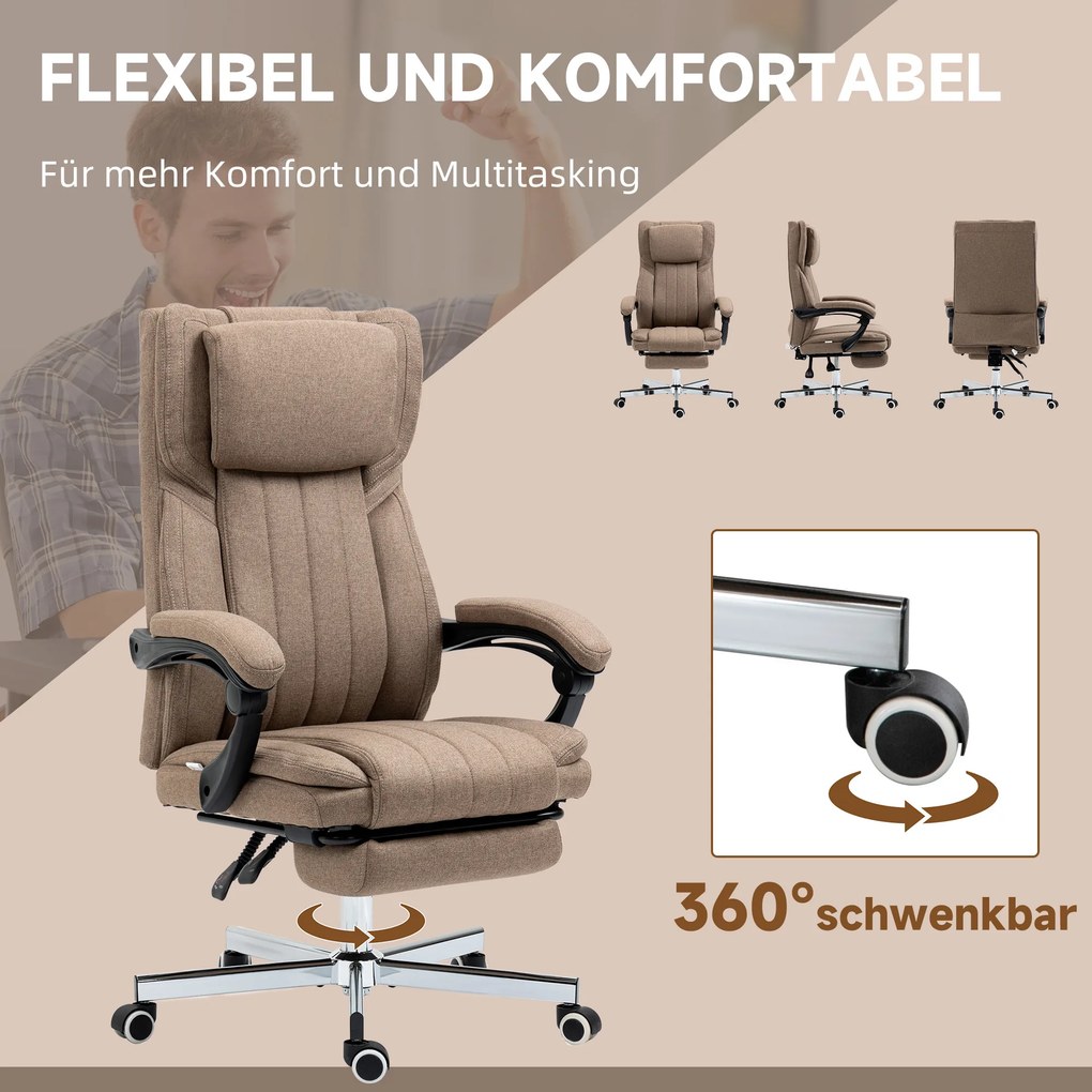Vinsetto Krzesło Biurowe z Funkcją Masażu, nachylane oparcie, wysuwany podnóżek, wygląd lnu, 65 x 61 x 113 cm, brązowe